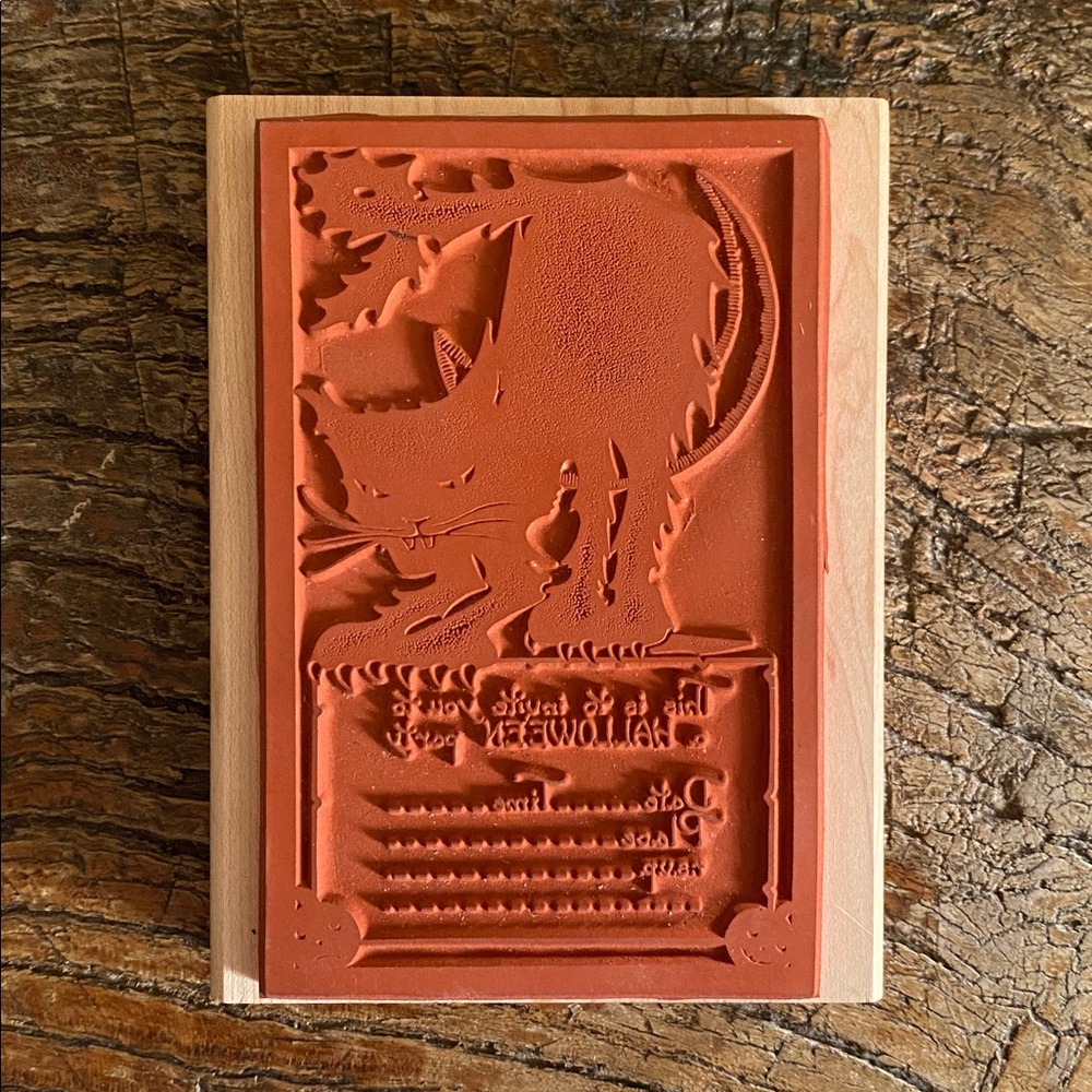 🌙🐈‍⬛Vintage🌙🐈‍⬛Halloween Party Invitation Wood Block Rubber Stamp - Picture 2 of 6